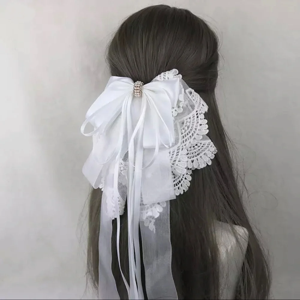 Black - Long Oversized Satin & Lace Bow French Barrette Hair Clip